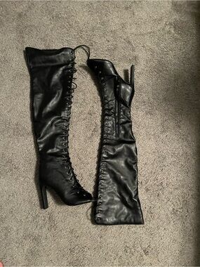Women's Black Over-the-Knee Lace-Up Heeled Boots
